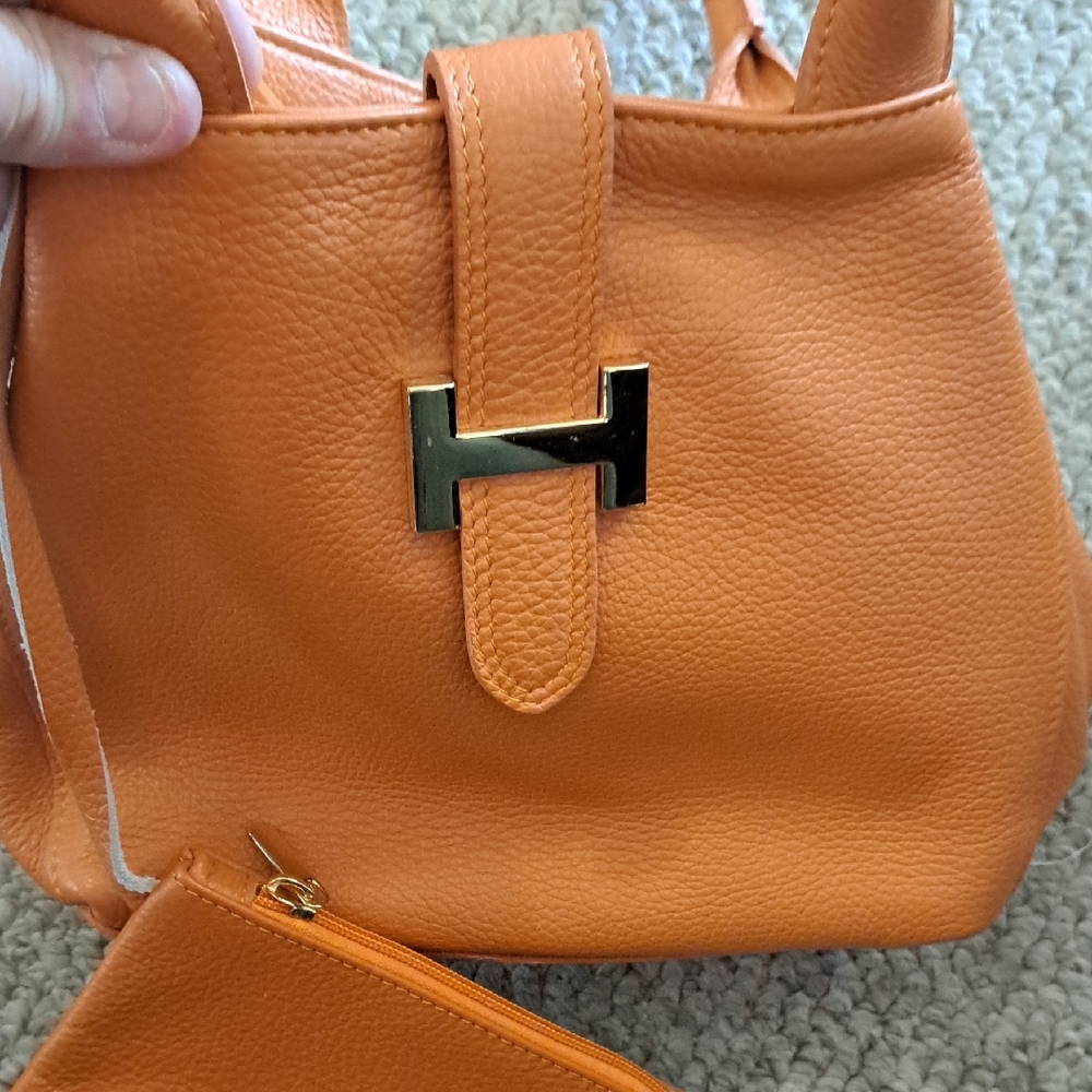 Women's Orange Pebbled Leather Shoulder Bag with Gold H Accent